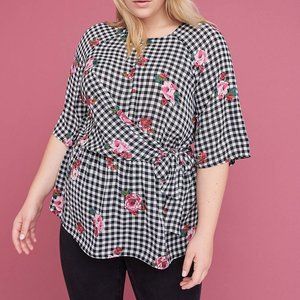 Lane Bryant Side-Tie Gingham Floral Blouse Sz 28